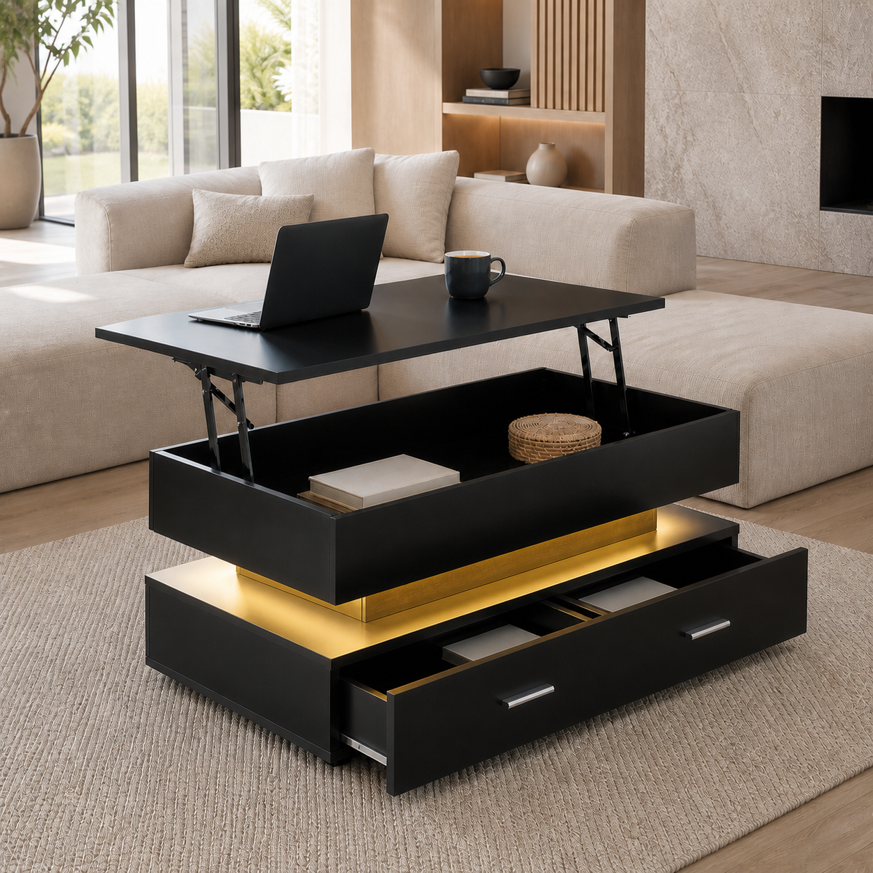 Table Basse Relevable Lumo – Design Moderne avec Rangement Intégré